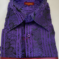 Mens Black Purple Linear Paisley High Collar French Cuff Shirt SANGI MONACO COLL. 2103