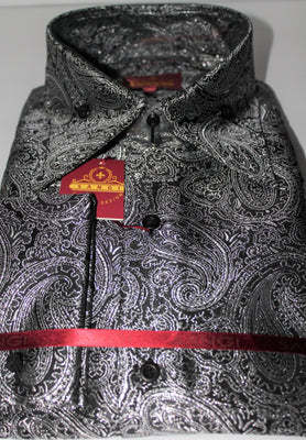 Mens Black Sparkly Silver Paisley High Collar Jacquard Shirt SANGI TUSCANY P36