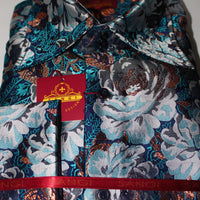 Mens Navy Teal Copper Metallic Floral High Collar Cuffed Shirt SANGI TUSCANY P12