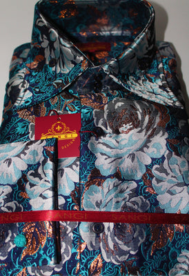 Mens Navy Teal Copper Metallic Floral High Collar Cuffed Shirt SANGI TUSCANY P12