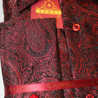 Mens Black Sparkly Red Paisley High Collar French Cuff Shirt SANGI TUSCANY P35
