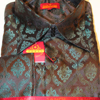 Mens Black Hunter Green Damask High Collar French Cuff Shirt SANGI TUSCANY P111