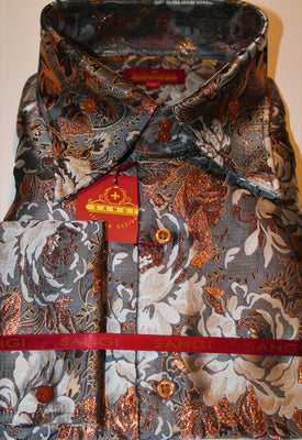 Mens Charcoal Copper Rust Metallic Floral High Collar Shirt SANGI TUSCANY P14