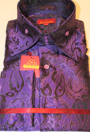 Mens Sophisticated Purple Paisley Foil High Collar Shirt SANGI
