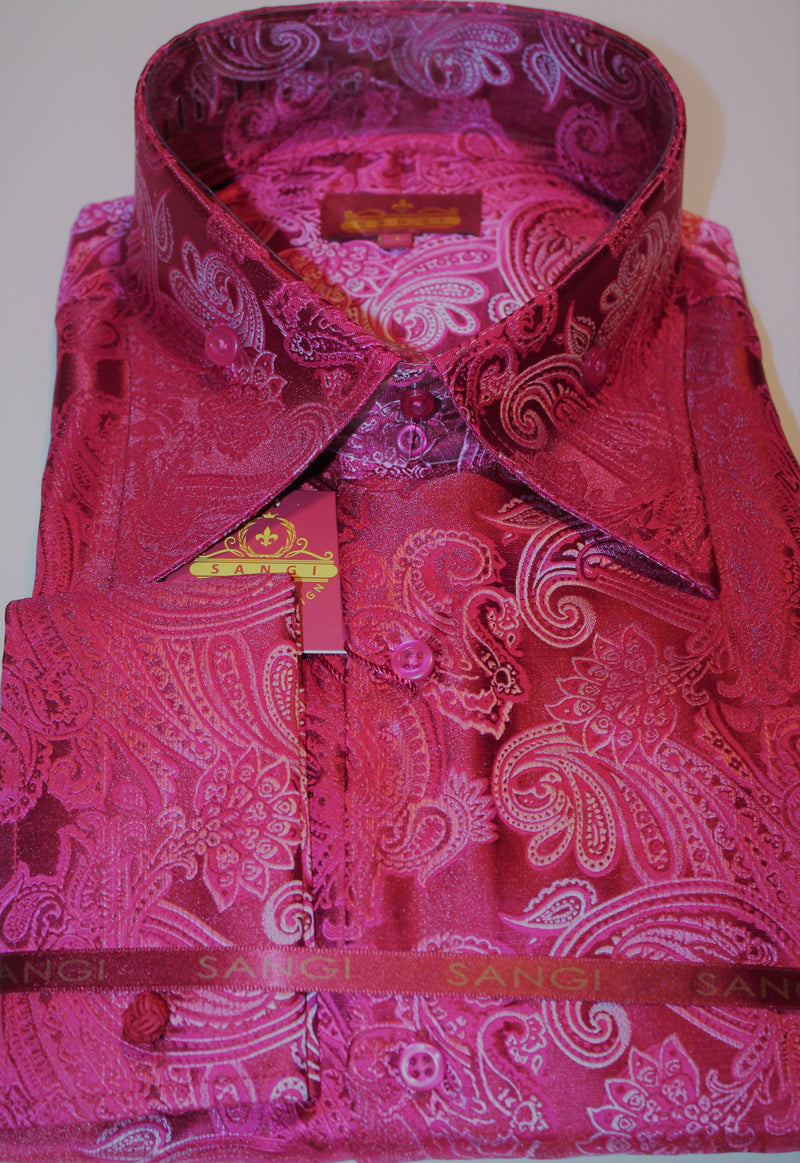 Mens Red Pink Abstract Paisley High Collar French Cut Shirt SANGI