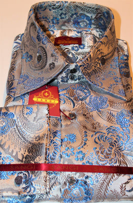 Mens Silver Gray Royal Blue Paradise High Collar Shirt SANGI TUSCANY P210
