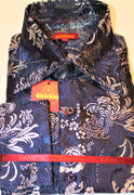 Mens Navy Blue Silver Foil Bird of Paradise High Collar Shirt SANGI TUSCANY P21