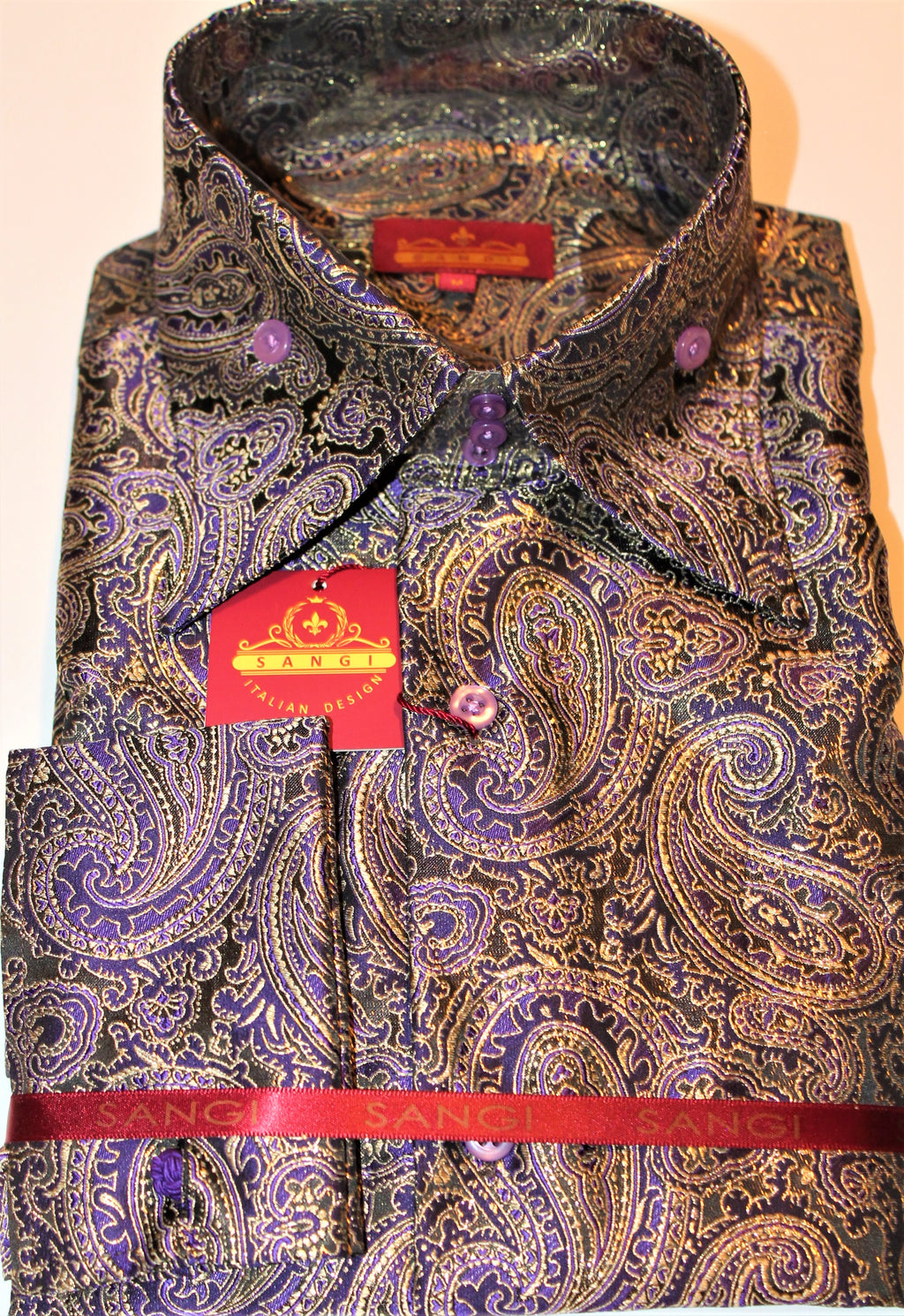 Mens Black Purple Gold Sparkle Paisley High Collar F/C Shirt SANGI TUS | Nader Fashion Las Vegas Mens Black Purple Gold Sparkle Paisley High Collar F/C Shirt SANGI TUS | Nader Fashion Las Vegas