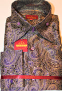 Mens Black Purple Gold Sparkle Paisley High Collar F/C Shirt SANGI TUSCANY P32