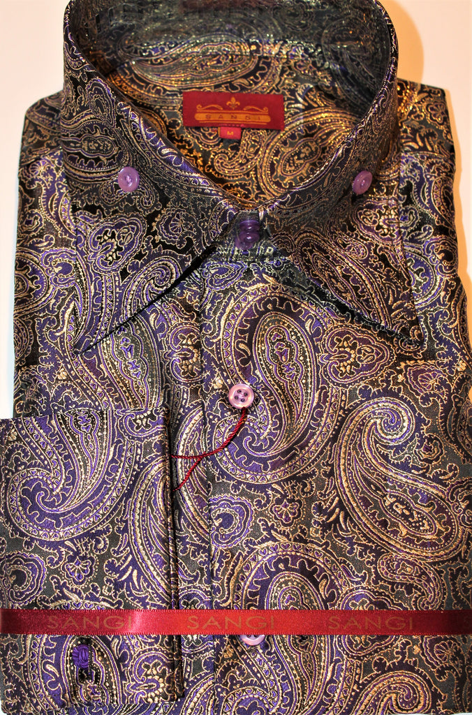 Mens Black Purple Gold Sparkle Paisley High Collar F/C Shirt Sangi Tuscany P32 Xarge Mens Black Purple Gold Sparkle Paisley High Collar F/C Shirt Sangi Tuscany P32 Xarge