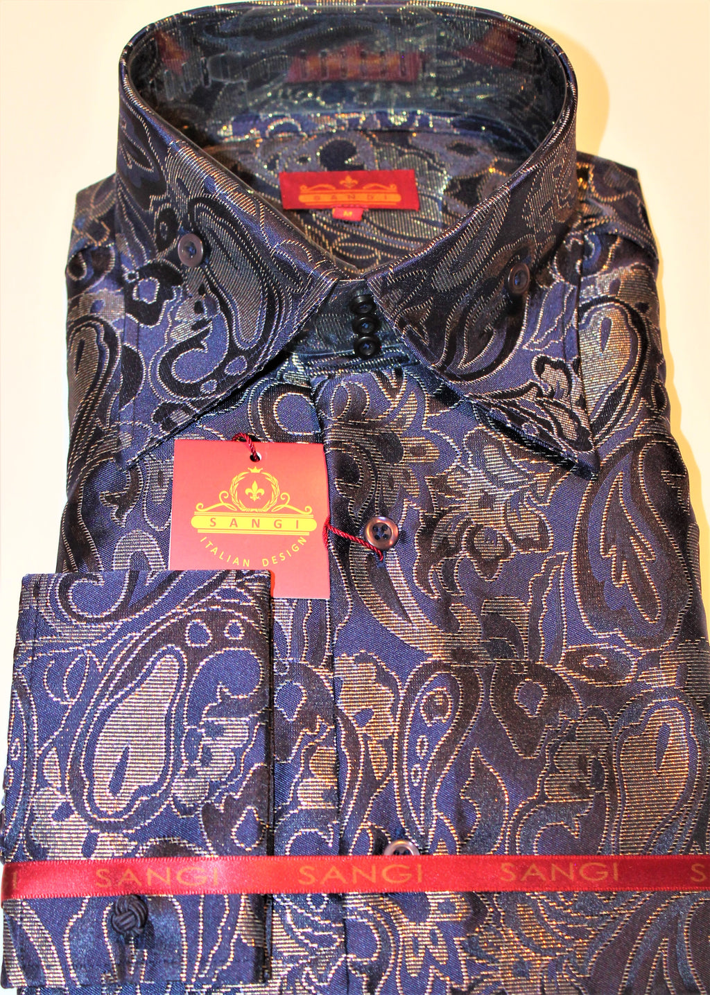 Mens Sophisticated Navy Blue Gold Paisley High Collar FC Shirt Sangi Tuscany P41 Large Mens Sophisticated Navy Blue Gold Paisley High Collar FC Shirt Sangi Tuscany P41 Large