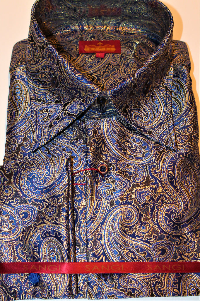 Mens Black Blue Sparkly Gold Paisley High Collar Woven Shirt SANGI TUS | Nader Fashion Las Vegas Mens Black Blue Sparkly Gold Paisley High Collar Woven Shirt SANGI TUS | Nader Fashion Las Vegas
