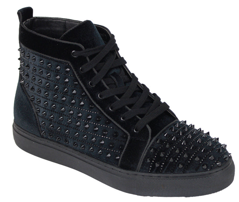 Mens High Top Velvet Fashion Sneakers Black Bling Studs After Midnight