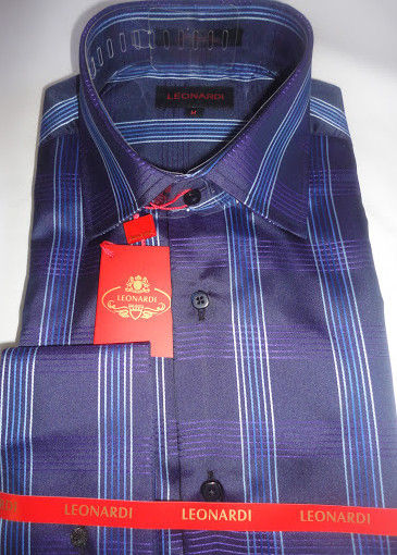 Mens Leonardi Rich Navy & Purple Tartan Plaid High Collar F/C Dress Shirt # 001 - Nader Fashion Las Vegas