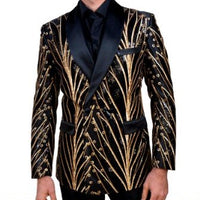 Mens Black Gold Sequin Intricate Design Double Breasted Dress Jacket Blazer LOUIS VINO LVB2