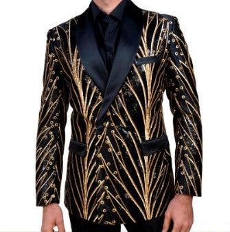 Mens Black Gold Sequin Intricate Design Double Breasted Dress Jacket B |  Nader Fashion Las Vegas