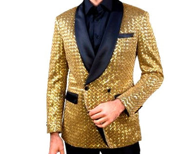 Mens Shiny Gold Sequin Double Breasted Designer Dress Jacket Blazer LOUIS VINO LVB5