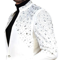 Mens White Sparkling Silver Rhinestones Collarless Nehru Dress Jacket Blazer LOUIS VINO LVB6