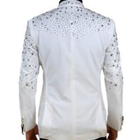 Mens White Sparkling Silver Rhinestones Collarless Nehru Dress Jacket Blazer LOUIS VINO LVB6