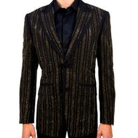 Mens Black Shiny Gold Sparkle Greek Key Designer Dress Jacket Blazer LOUIS VINO LVB7