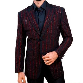 Mens Black Shiny Red Sparkle Greek Key Designer Dress Jacket