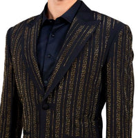Mens Black Shiny Gold Sparkle Greek Key Designer Dress Jacket Blazer LOUIS VINO LVB7