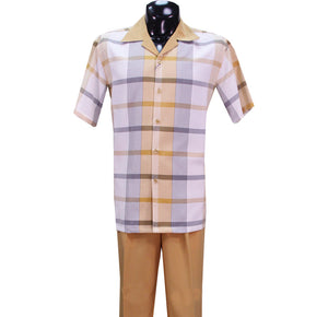 Mens Mustard Plaid 2-Pc Summer Walking Suit Leisure Suit Set T2006