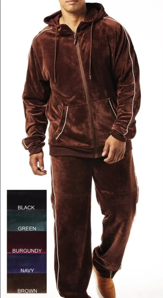 Mens Stacy Adams Classic Fit Velvet Track Suit Hoodie Brown White Stri