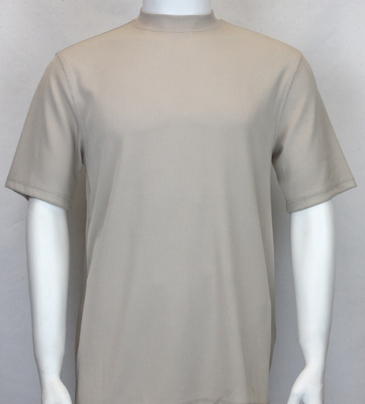 Mens Elegant Oatmeal Beige Silky Mock Neck Dressy T-Shirt